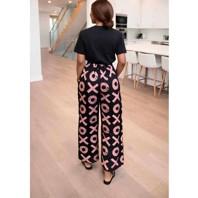 Ada High Waisted Wide Leg Palazzo Pants, Pink & Black Lounge Trousers - Image 2