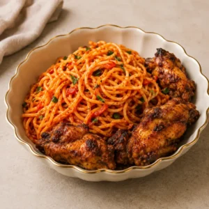 Jollof-Style Spaghetti with Grilled Chicken