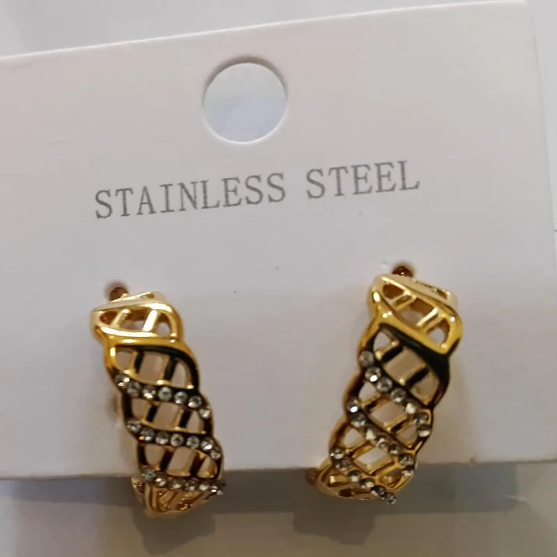Waterproof 18k Goldtone Cutout Rhinestone Earrings UK, Stainless Steel Jewelry - Image 3