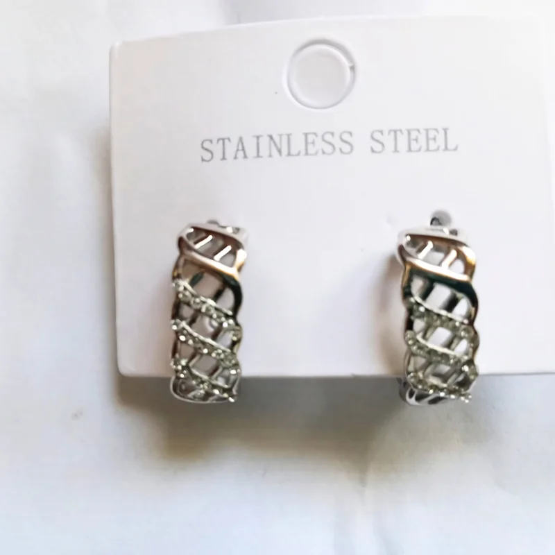 Waterproof 18k Silvertone Cutout Rhinestone Earrings UK - Image 2