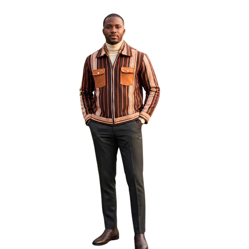 Unisex Striped Aso-Oke Jacket, Casual African Print Zip-Up Outerwear - Image 2