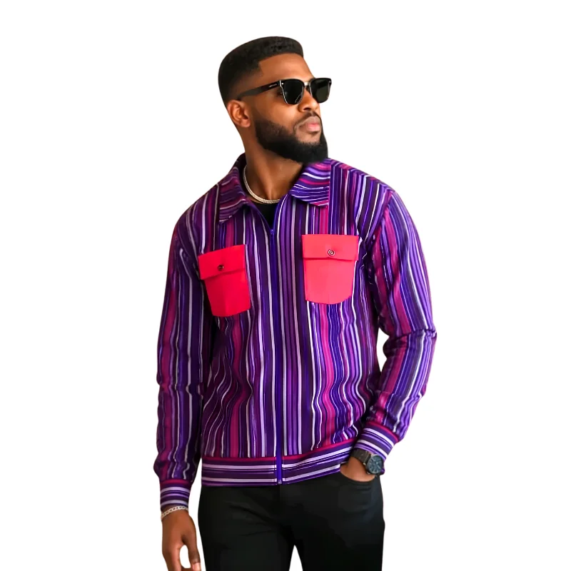 Unisex Striped Aso-Oke Jacket, Casual African Print Zip-Up Outerwear - Image 4