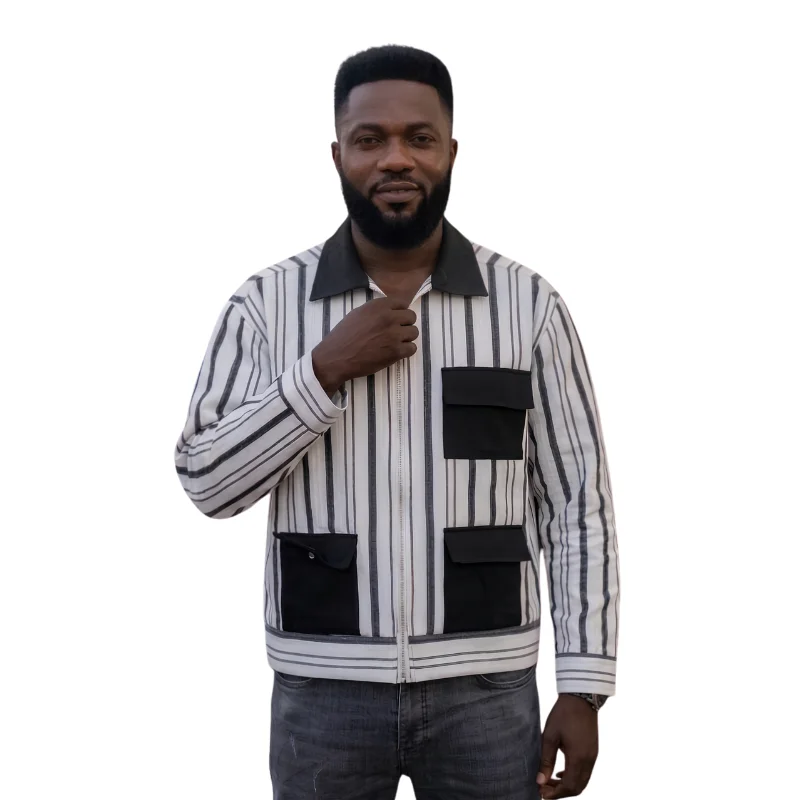 Unisex Striped Aso-Oke Jacket, Casual African Print Zip-Up Outerwear - Image 5